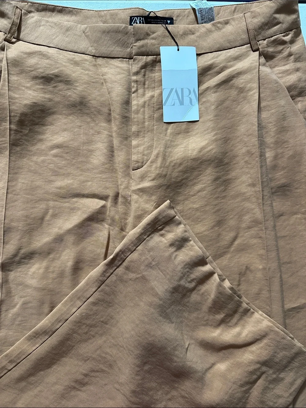 Zara Tan Linen-Blend Straight Trousers